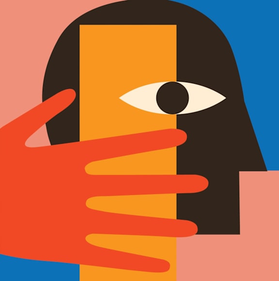 A stylized image of a person with a large eye and a hand covering the mouth.