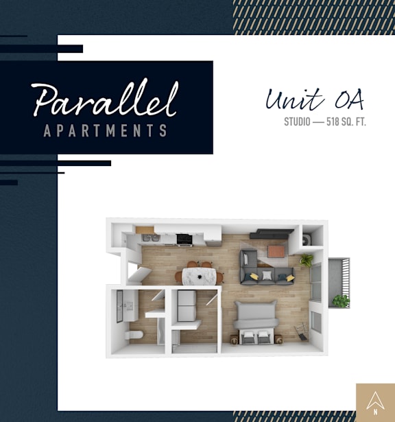 Apartment living room and kitchen layout for Parallel Apartments' Studio 0A.