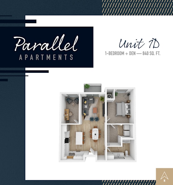 A brochure for Parallel Apartments showcasing a 1-bedroom + den unit that is 840 square feet.