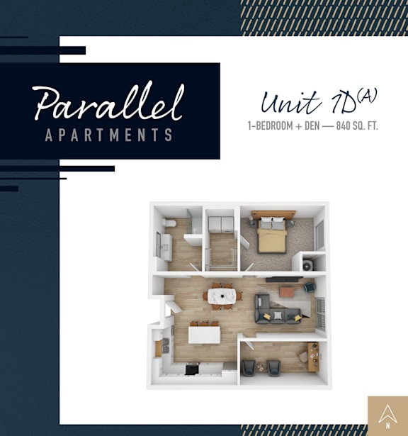 Apartment living room and kitchen layout for Parallel Apartments.