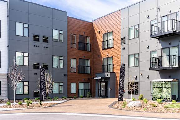 Exterior of a modern apartment complex.