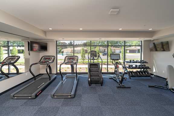 A gym with treadmills, exercise bikes, and other equipment.