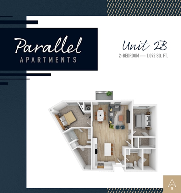 Floor Plan  A floor plan for Parallel Apartments shows a 2-bedroom apartment is 1,092 square feet.