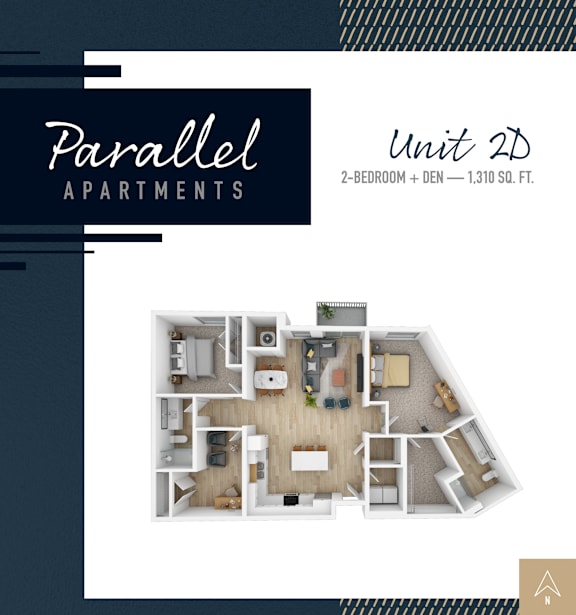 A floor plan for Parallel Apartments shows a 2-bedroom, 2-den unit is 1,310 square feet.
