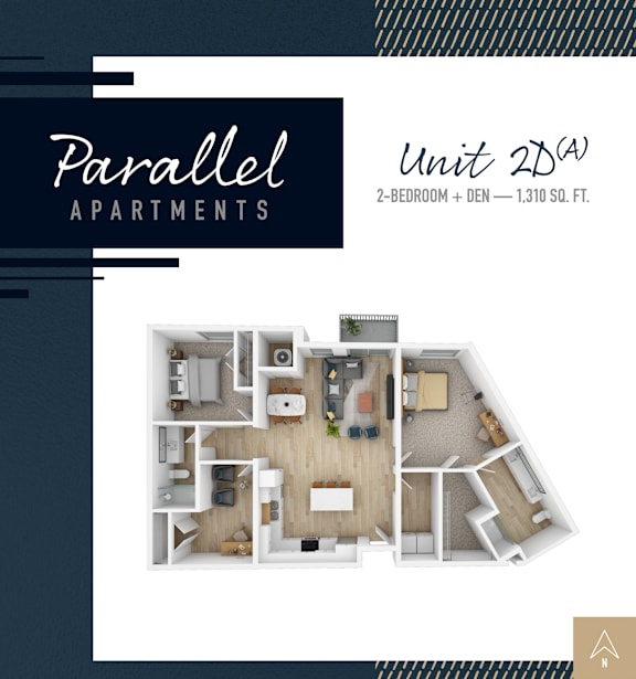 A floor plan for Parallel Apartments shows a 2-bedroom, 2-den unit is 1,310 square feet.