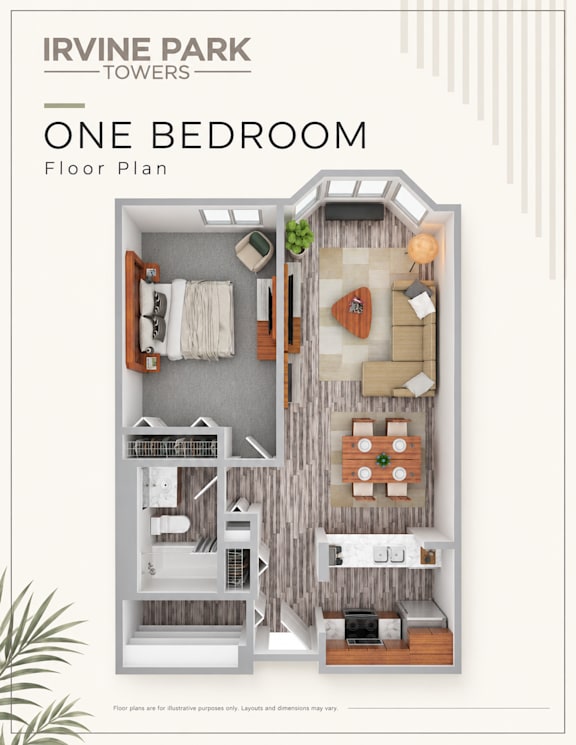 A floor plan of a one bedroom apartment in Irvine Park Towers.