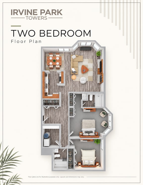 A floor plan of a two bedroom apartment at Irvine Park Towers.