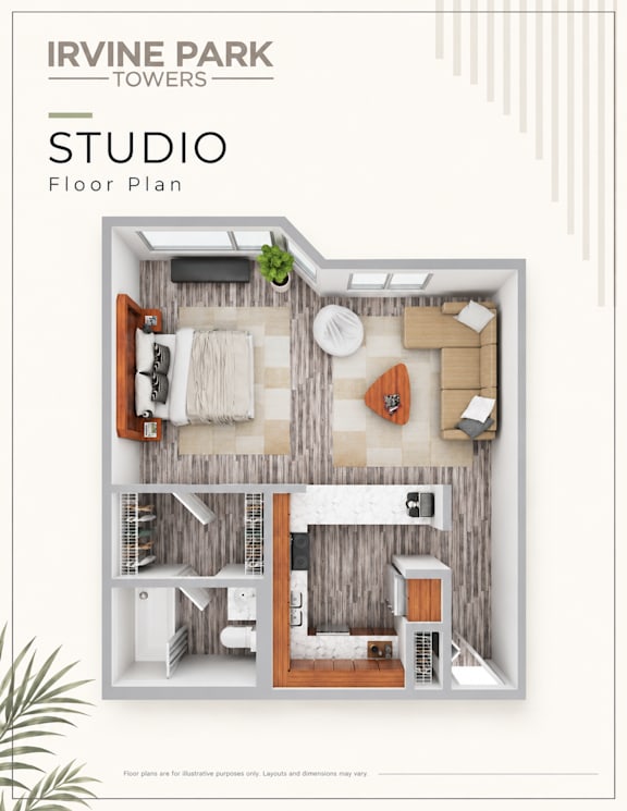 A studio apartment layout with a bedroom, living room, and kitchen area.
