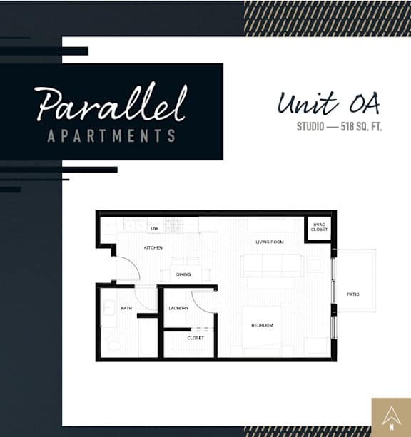 A black and white image of a floor plan for Parallel Apartments, Unit OA.