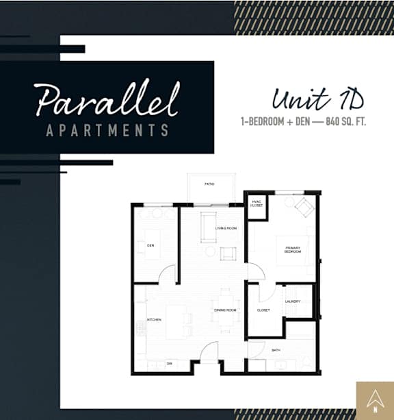 A black and white image of a floor plan for Parallel Apartments, Unit 1D, a 1-bedroom apartment with a den and totaling 840 square feet.