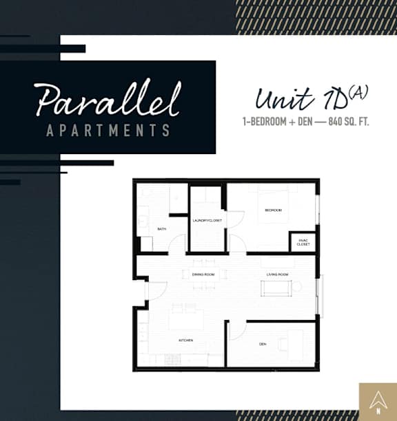 A black and white image of a floor plan for Parallel Apartments, Unit 7DA, a 1-bedroom apartment with a den is shown.