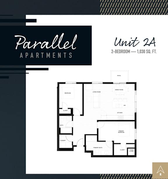 A black and white image of a floor plan for Parallel Apartments, Unit 2A, a 2-bedroom apartment that is 1,030 square feet.