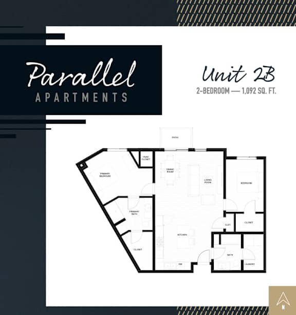 A black and white image of a floor plan for Parallel Apartments, Unit 23, a 2-bedroom apartment that is 1,092 square feet.