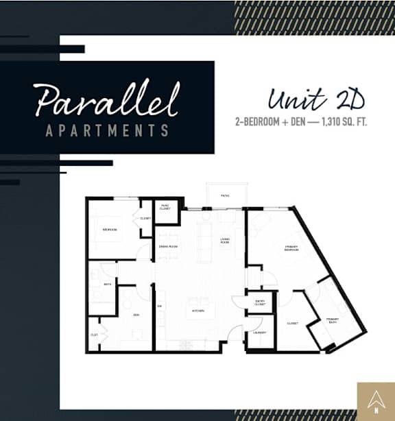A black and white image of a floor plan for Parallel Apartments, Unit 2D, a 2-bedroom apartment with a den, measuring 1,310 square feet.