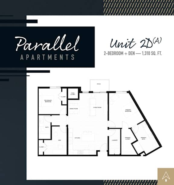 A black and white image of a floor plan for Parallel Apartments, Unit 2DA, a 2-bedroom, 2-den apartment is shown.