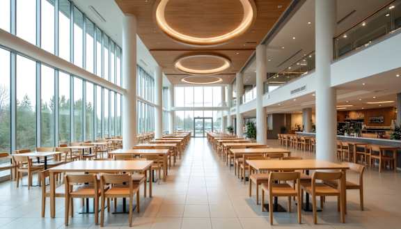 A long hallway with tables and chairs on either side.
