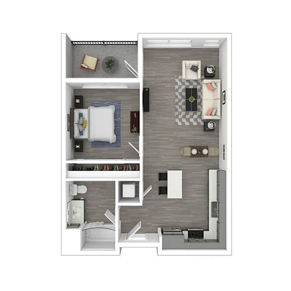 A top-down view of a small apartment with a bedroom, living room, and kitchen.