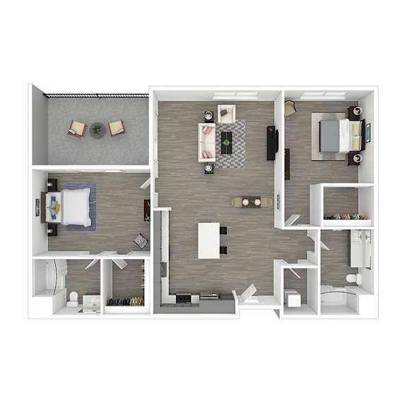 A top down view of a modern apartment with a kitchen, living room, and two bedrooms.