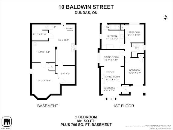 A floor plan for a property at 10 Baldwin Street in Dundas, Ontario, showing the layout of the basement and first floor.