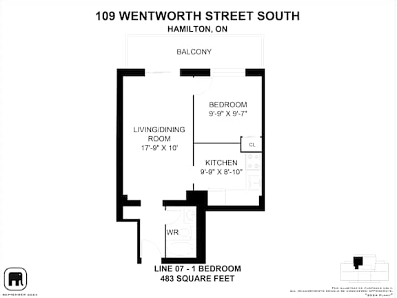 A black and white image of a floor plan for a one bedroom apartment.