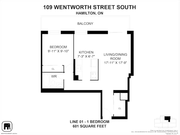 A black and white image of a floor plan for a 601 square foot apartment.