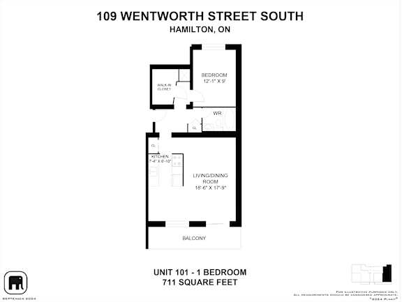 A black and white image of a floor plan for a 1 bedroom unit.