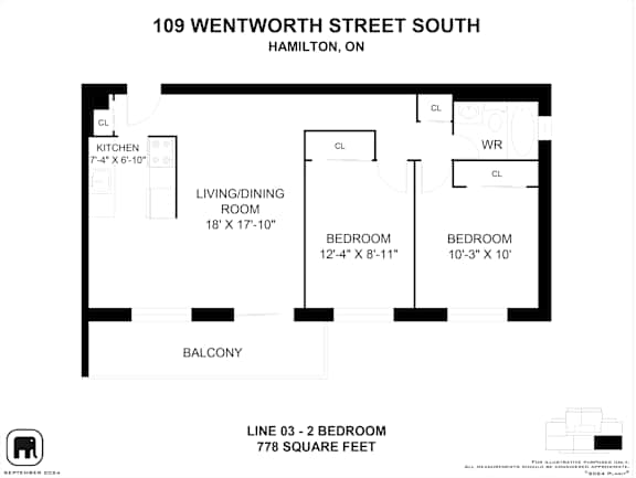A black and white image of a floor plan for a 778 square foot apartment at 109 Wentworth Street South, Hamilton, ON.
