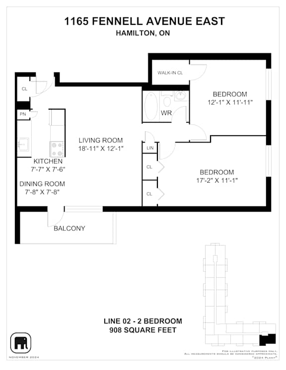 A black and white image of a floor plan for a two bedroom apartment.