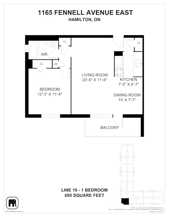 A black and white image of a floor plan for a property located at 1165 Fennell Avenue East, Hamilton, ON.