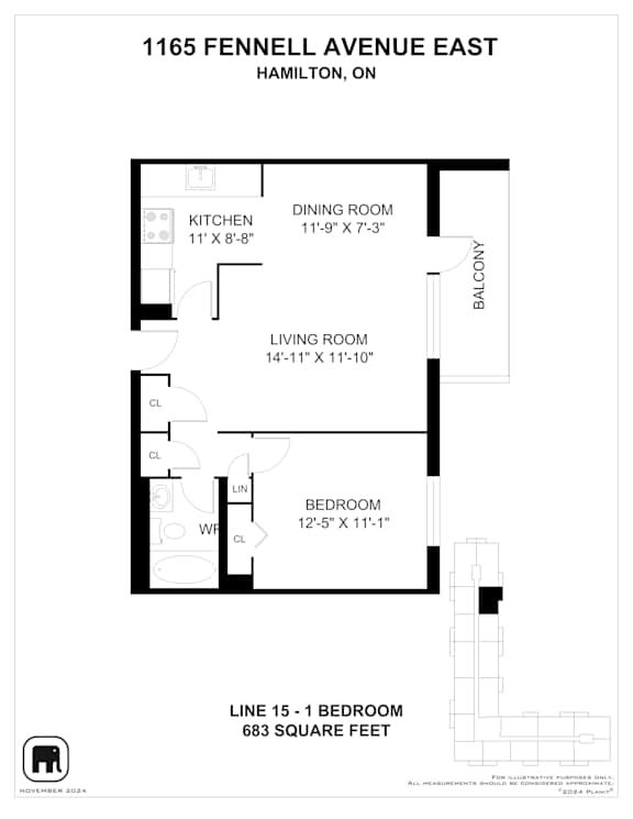 A drawing of a floor plan for an apartment at 1165 Fennell Avenue East.