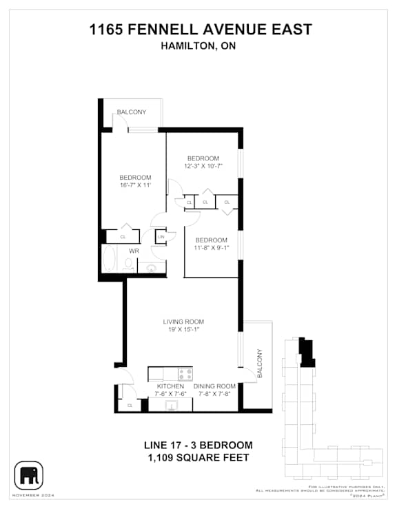 A black and white image of a floor plan for a property at 1165 Fennell Avenue East.