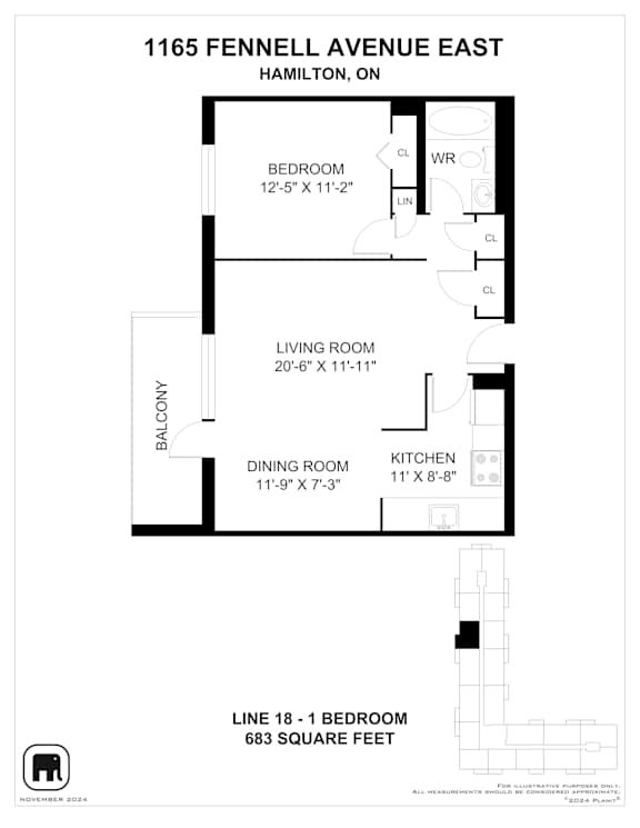 A black and white image of a floor plan for a home at 1165 Fennell Avenue East.