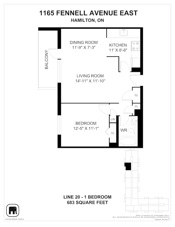 A floor plan for a home at 1165 Fennell Avenue East in Hamilton, Ontario.