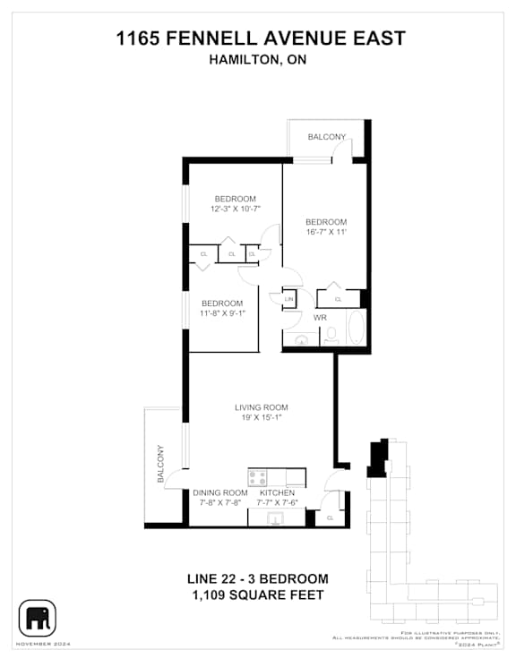 A black and white image of a floor plan for a 1,109 square feet home.