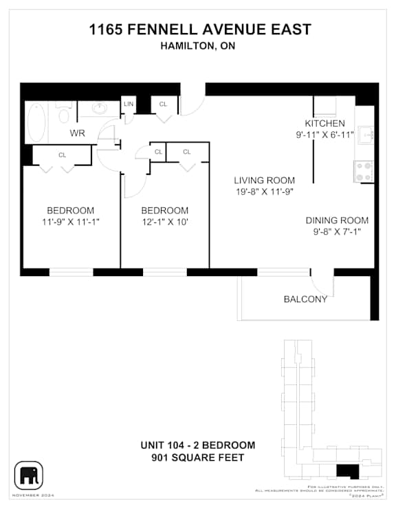A black and white image of a floor plan for a two bedroom apartment.
