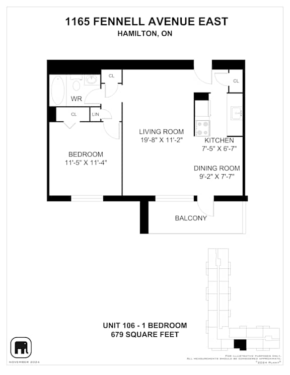 A black and white image of a floor plan for a unit at 1165 Fennell Avenue East, Hamilton, ON.