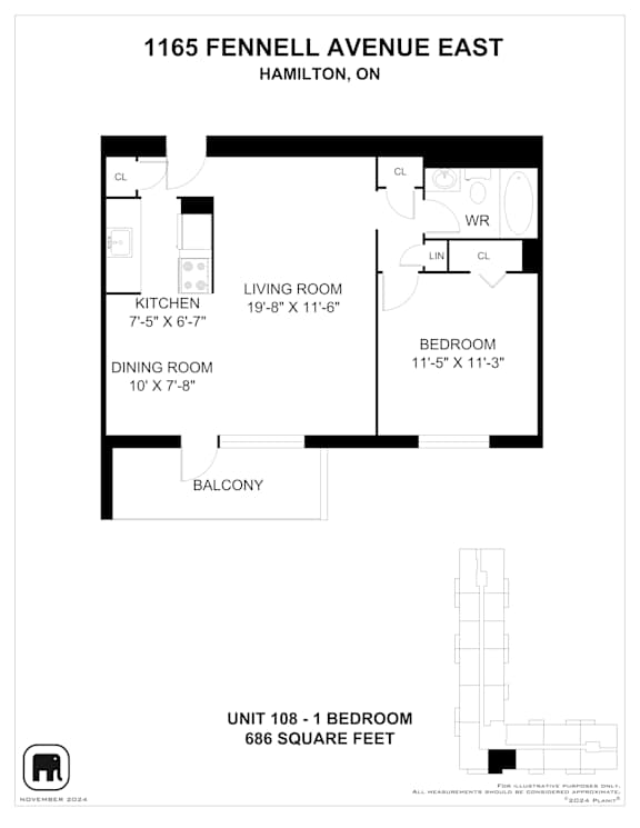 A floor plan for a unit at 1165 Fennell Avenue East in Hamilton, Ontario.