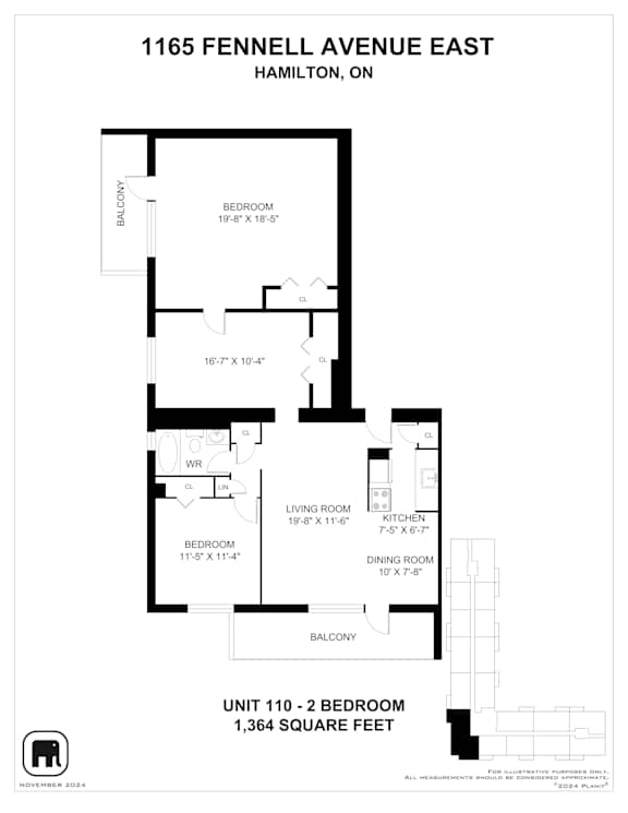A black and white image of a floor plan for a 2 bedroom apartment.