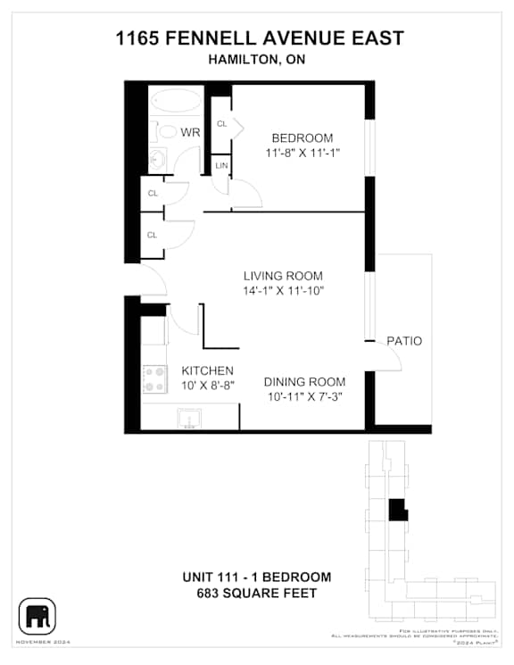 A floor plan for a unit at 1165 Fennell Avenue East in Hamilton, Ontario.