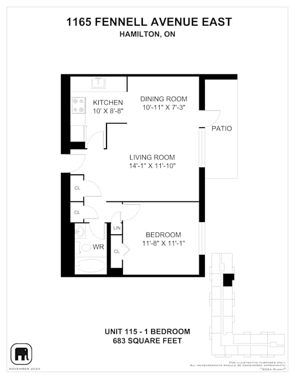 A floor plan for a unit at 1165 Fennell Avenue East in Hamilton, Ontario.
