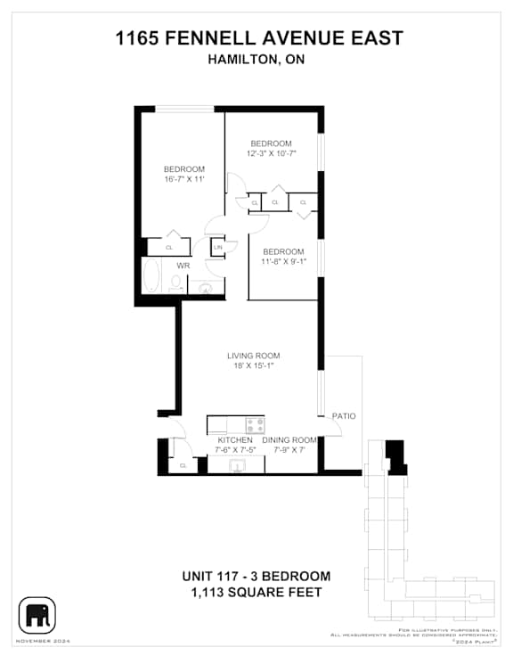 A floor plan for a 1,113 square foot unit at 1165 Fennell Avenue East in Hamilton, Ontario.