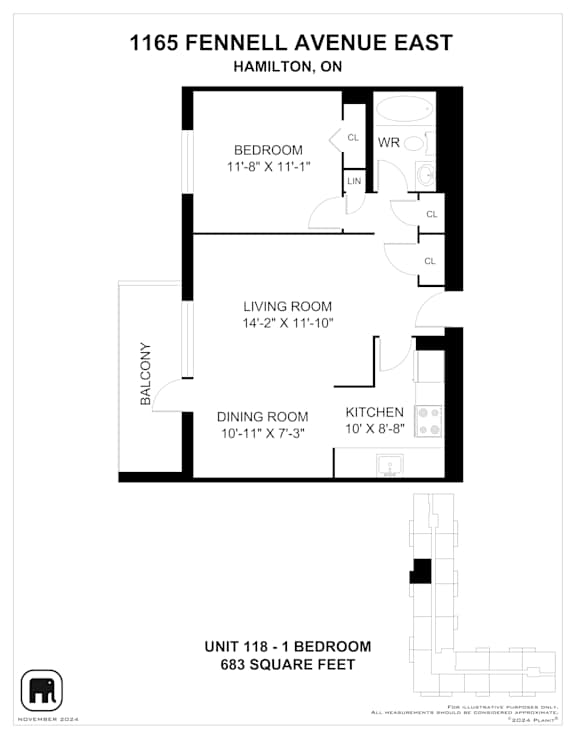 A floor plan for an apartment at 1165 Fennell Avenue East in Hamilton, Ontario.