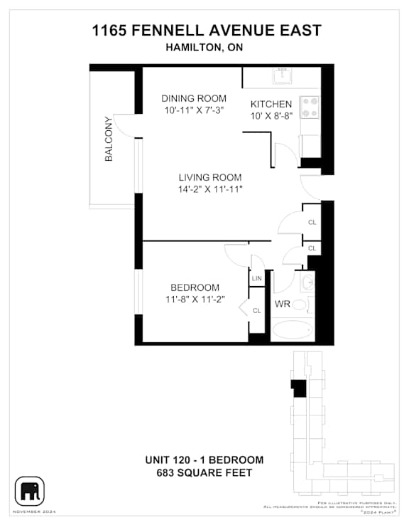 A floor plan for a unit at 1165 Fennell Avenue East in Hamilton, Ontario.