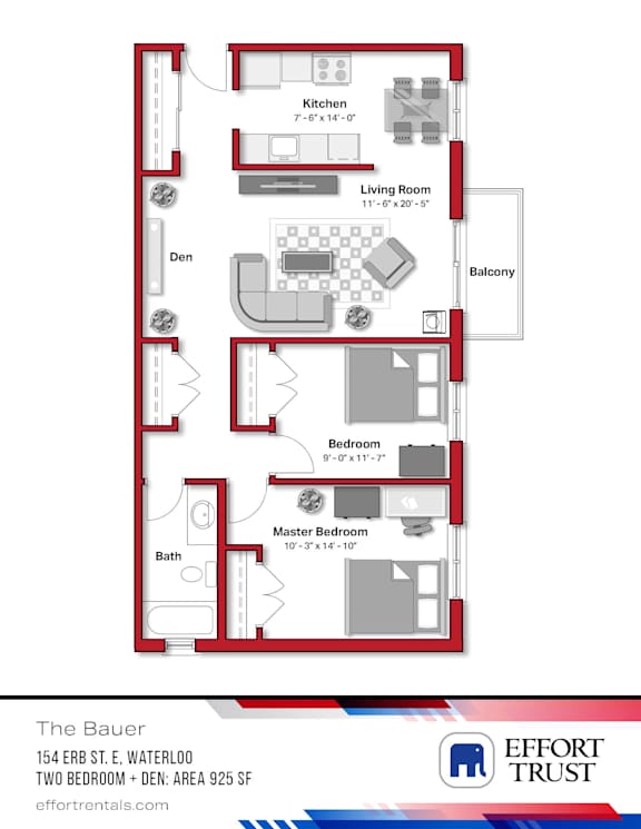 A floor plan of a two bedroom apartment with a living room, kitchen, balcony, and bathroom.