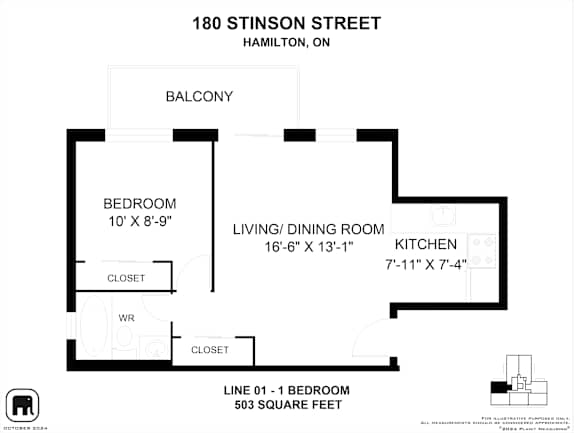 A black and white floor plan for a 503 square foot apartment at 180 Stinson Street, Hamilton, ON.
