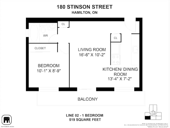 A black and white image of a floor plan for a 1 bedroom apartment.