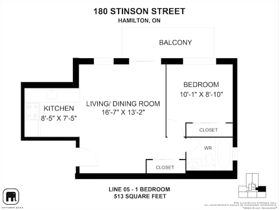 A black and white image of a floor plan for a 513 square foot apartment at 180 Stinson Street, Hamilton, ON.