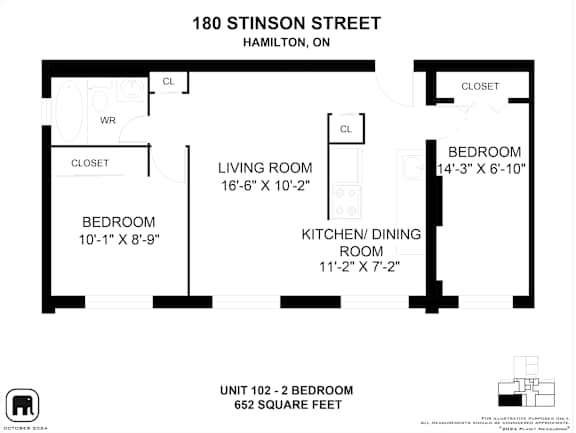 A floor plan for a unit at 180 Stinson Street, Hamilton, ON, showing a living room, two bedrooms, a kitchen/dining room, and a closet.