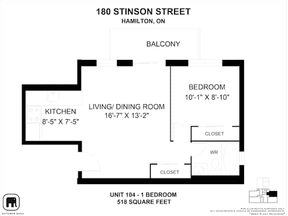 A black and white image of a floor plan for a 518 square foot unit at 180 Stinson Street, Hamilton, ON.