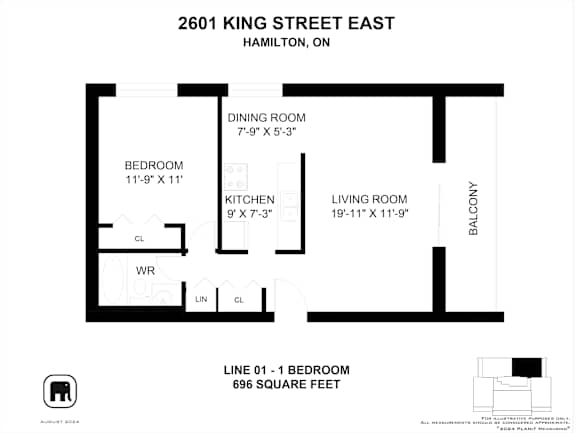A floor plan for a property at 2601 King Street East in Hamilton, Ontario.